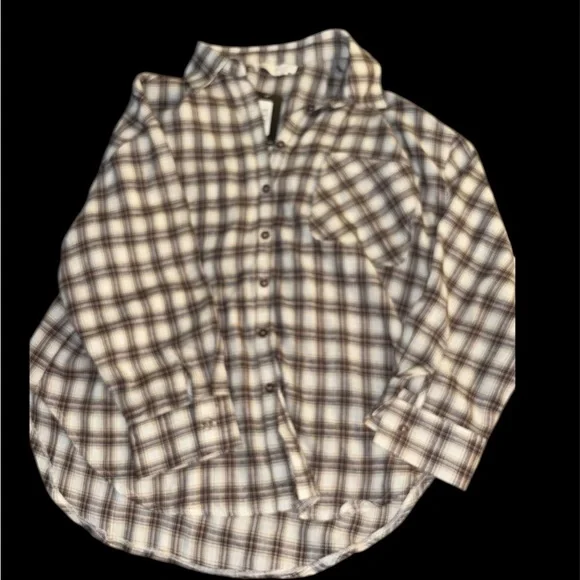Women's Plaid Button Down Shirt - Brown and White - Picture 1 of 3